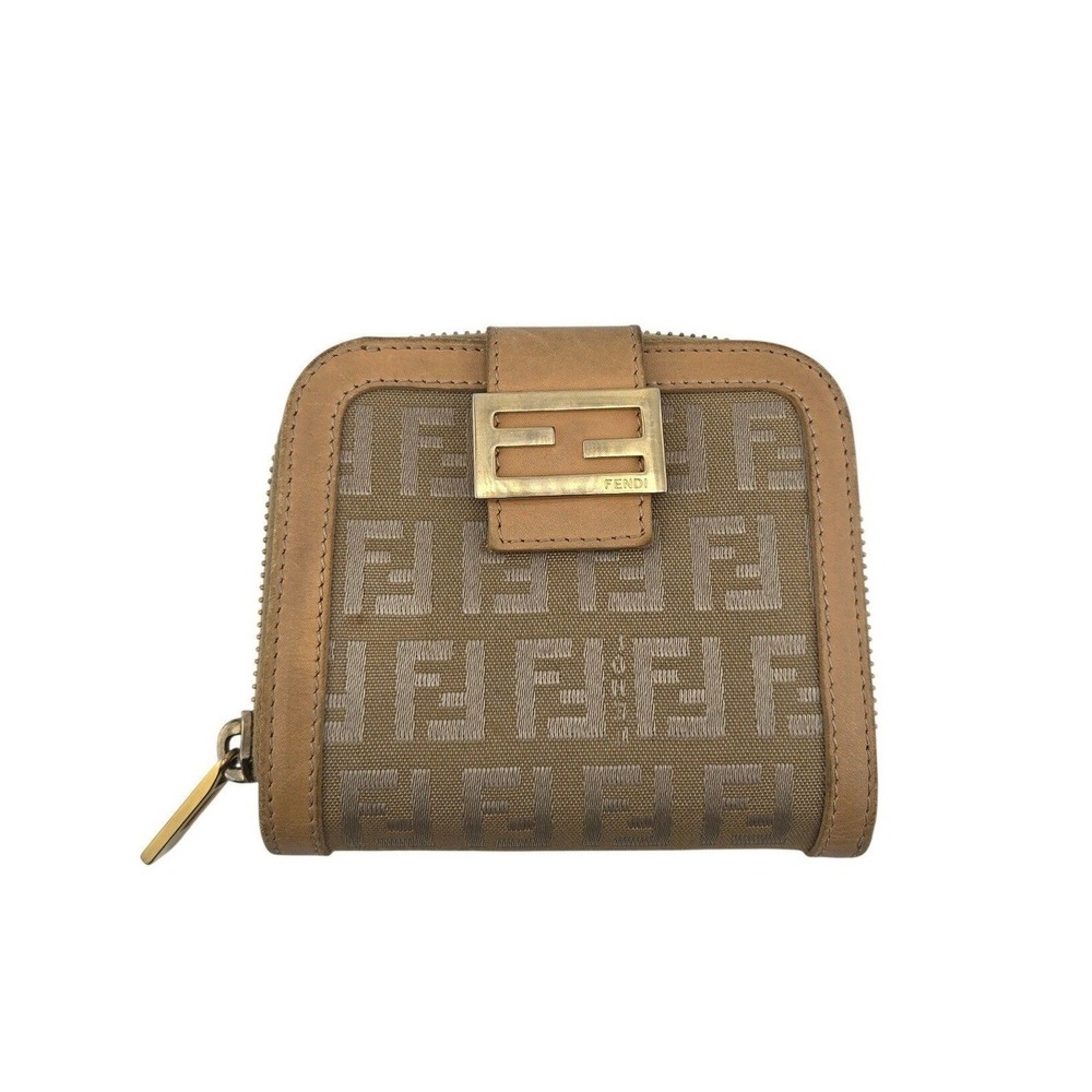 Fendi Zucca Canvas Compact Wallet Tan Leather FF Logo 2309-8M0027/038